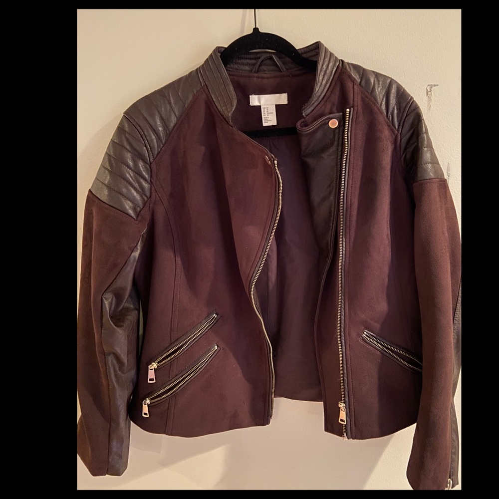 H&M Plum Moto faux suede jacket w/ zippers & snaps
